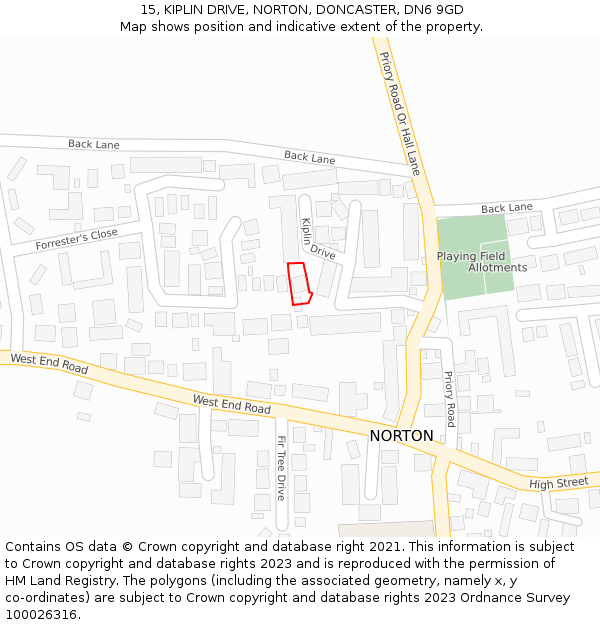 15, KIPLIN DRIVE, NORTON, DONCASTER, DN6 9GD: Location map and indicative extent of plot