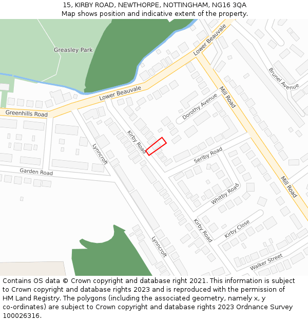 15, KIRBY ROAD, NEWTHORPE, NOTTINGHAM, NG16 3QA: Location map and indicative extent of plot