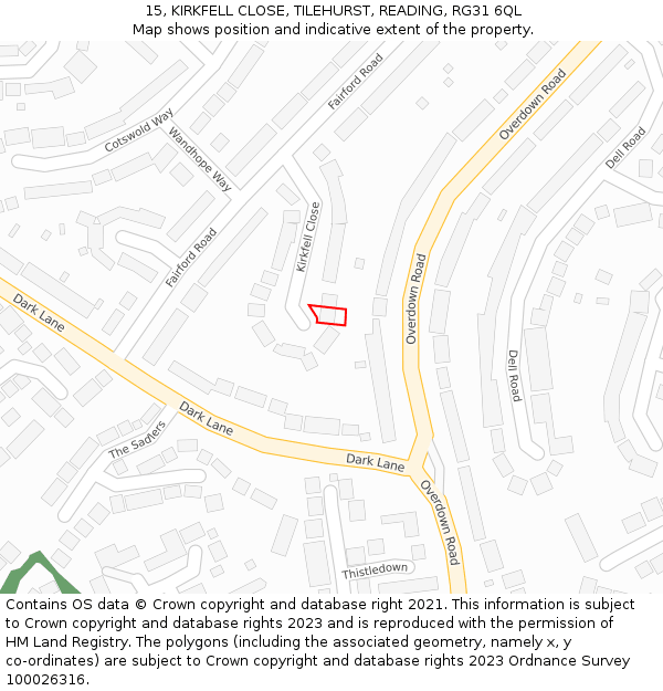 15, KIRKFELL CLOSE, TILEHURST, READING, RG31 6QL: Location map and indicative extent of plot