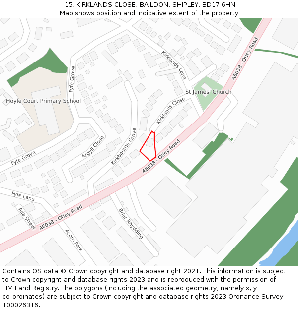15, KIRKLANDS CLOSE, BAILDON, SHIPLEY, BD17 6HN: Location map and indicative extent of plot