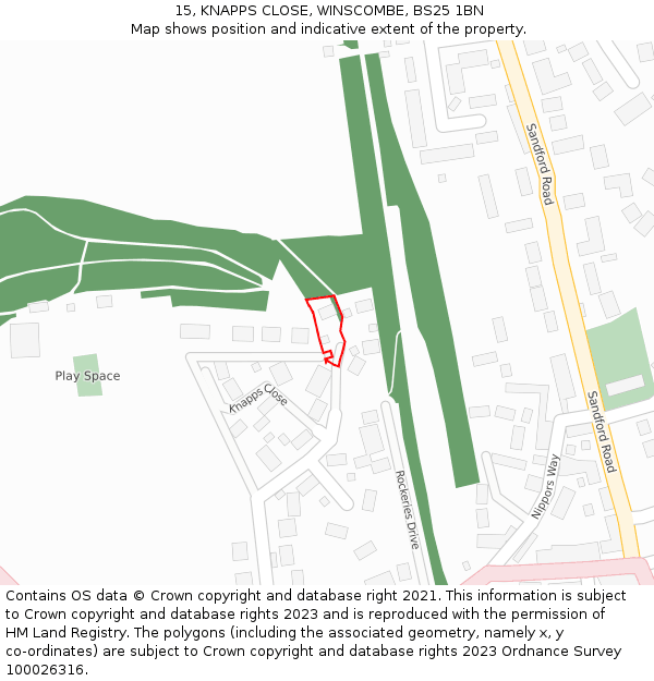 15, KNAPPS CLOSE, WINSCOMBE, BS25 1BN: Location map and indicative extent of plot