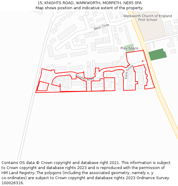 15, KNIGHTS ROAD, WARKWORTH, MORPETH, NE65 0FA: Location map and indicative extent of plot