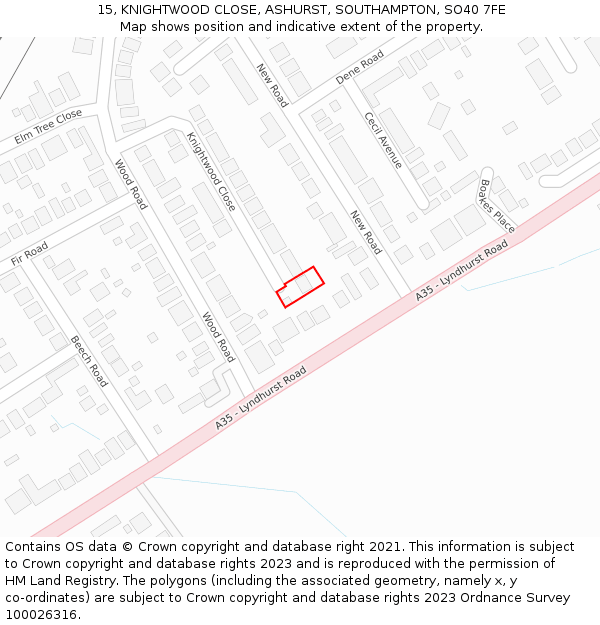 15, KNIGHTWOOD CLOSE, ASHURST, SOUTHAMPTON, SO40 7FE: Location map and indicative extent of plot