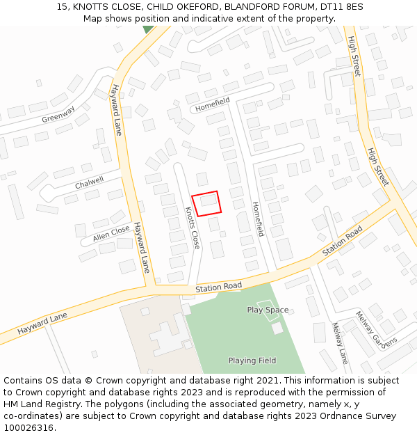 15, KNOTTS CLOSE, CHILD OKEFORD, BLANDFORD FORUM, DT11 8ES: Location map and indicative extent of plot