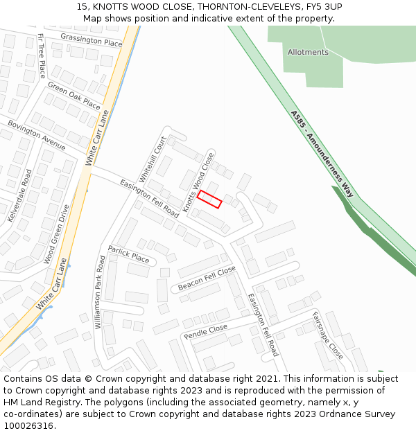 15, KNOTTS WOOD CLOSE, THORNTON-CLEVELEYS, FY5 3UP: Location map and indicative extent of plot