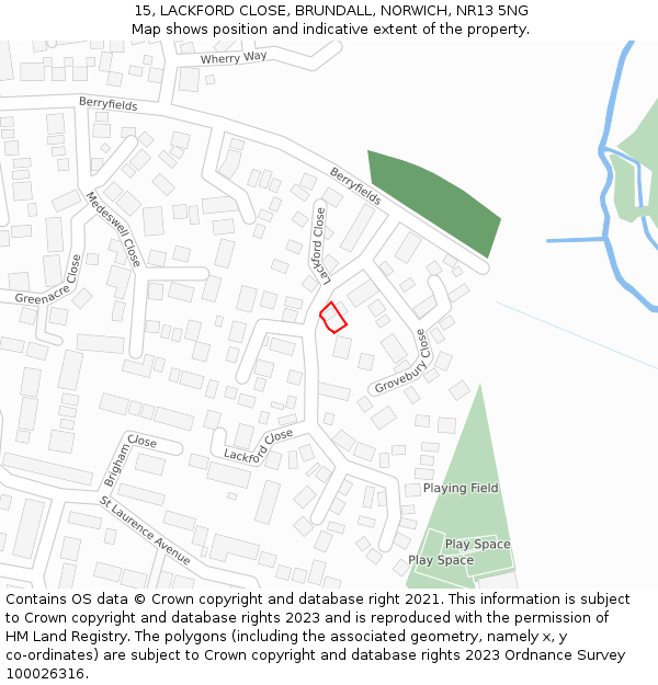 15, LACKFORD CLOSE, BRUNDALL, NORWICH, NR13 5NG: Location map and indicative extent of plot