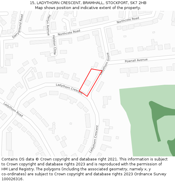 15, LADYTHORN CRESCENT, BRAMHALL, STOCKPORT, SK7 2HB: Location map and indicative extent of plot