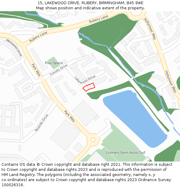 15, LAKEWOOD DRIVE, RUBERY, BIRMINGHAM, B45 9WE: Location map and indicative extent of plot