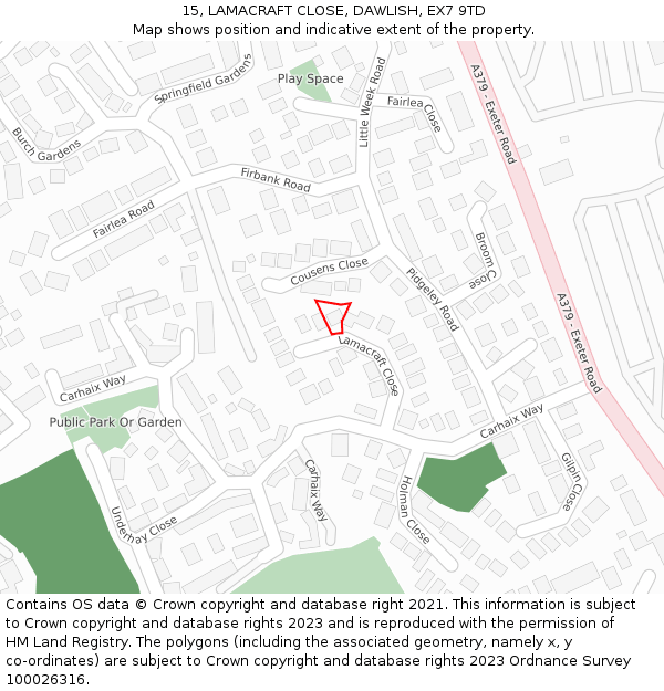 15, LAMACRAFT CLOSE, DAWLISH, EX7 9TD: Location map and indicative extent of plot