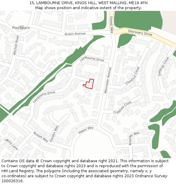 15, LAMBOURNE DRIVE, KINGS HILL, WEST MALLING, ME19 4FN: Location map and indicative extent of plot