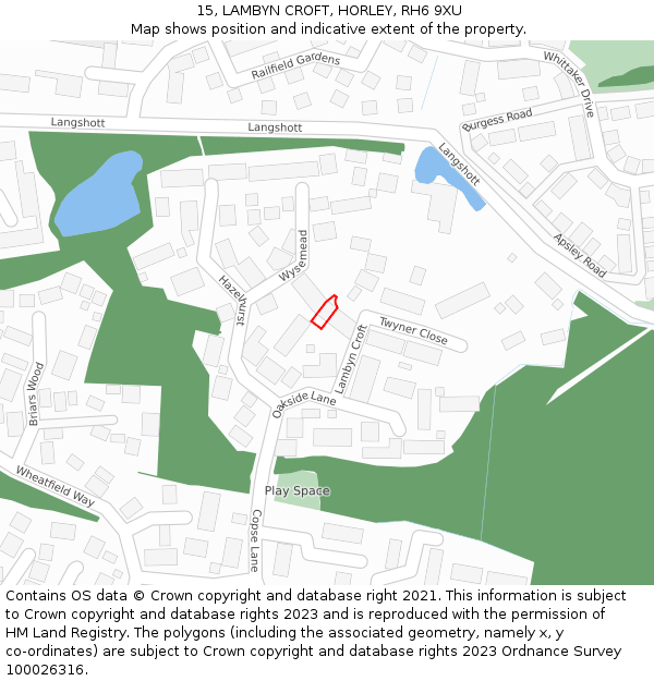 15, LAMBYN CROFT, HORLEY, RH6 9XU: Location map and indicative extent of plot