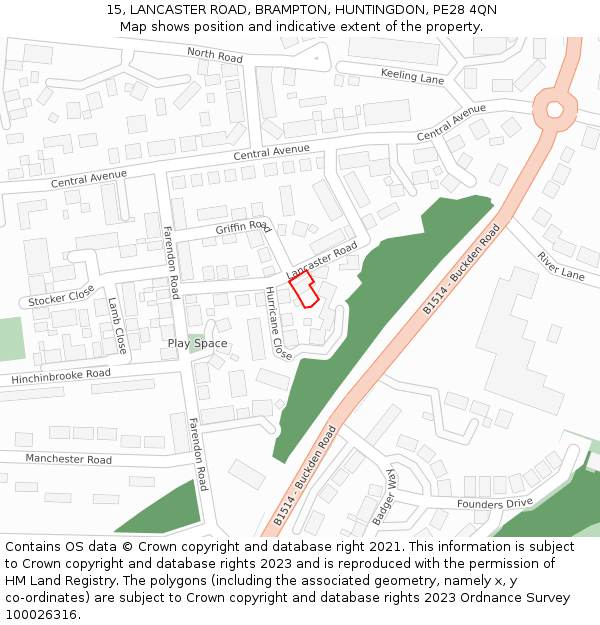 15, LANCASTER ROAD, BRAMPTON, HUNTINGDON, PE28 4QN: Location map and indicative extent of plot