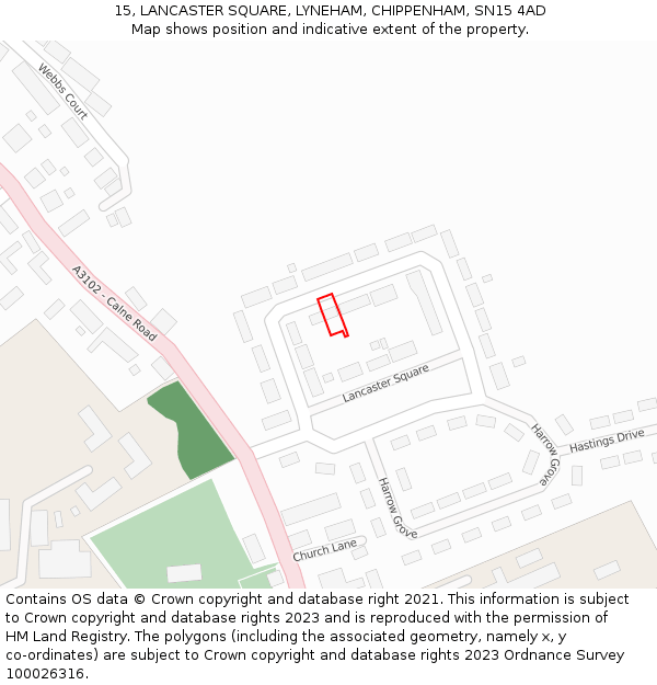 15, LANCASTER SQUARE, LYNEHAM, CHIPPENHAM, SN15 4AD: Location map and indicative extent of plot