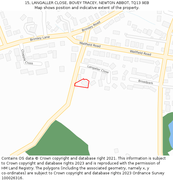 15, LANGALLER CLOSE, BOVEY TRACEY, NEWTON ABBOT, TQ13 9EB: Location map and indicative extent of plot