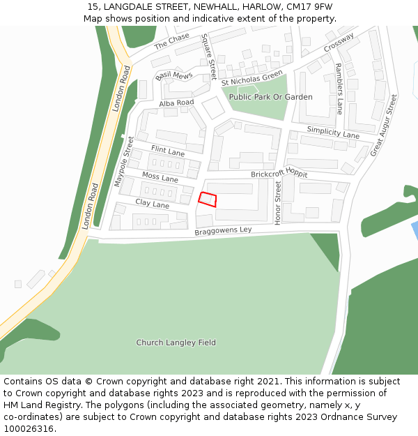 15, LANGDALE STREET, NEWHALL, HARLOW, CM17 9FW: Location map and indicative extent of plot