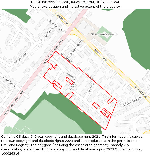 15, LANSDOWNE CLOSE, RAMSBOTTOM, BURY, BL0 9WE: Location map and indicative extent of plot