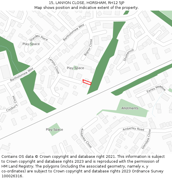 15, LANYON CLOSE, HORSHAM, RH12 5JP: Location map and indicative extent of plot