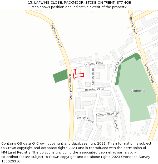 15, LAPWING CLOSE, PACKMOOR, STOKE-ON-TRENT, ST7 4GB: Location map and indicative extent of plot