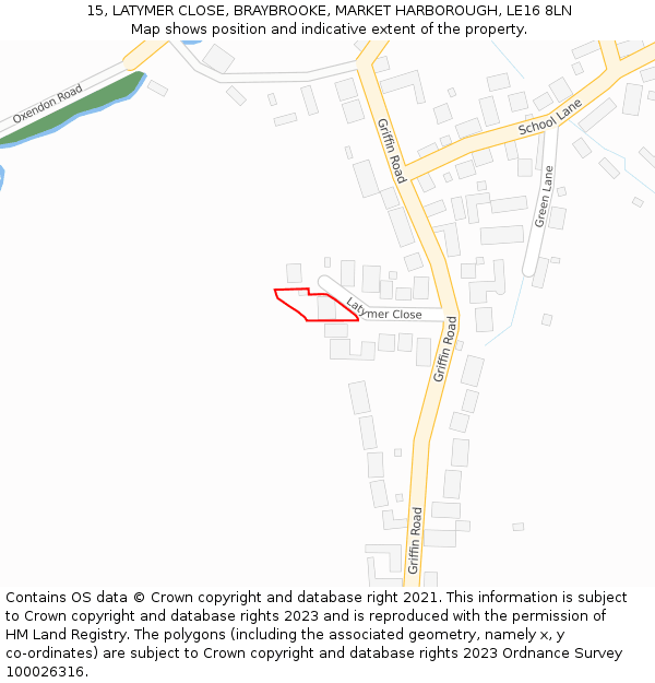 15, LATYMER CLOSE, BRAYBROOKE, MARKET HARBOROUGH, LE16 8LN: Location map and indicative extent of plot