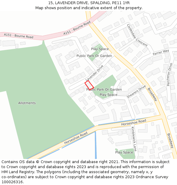 15, LAVENDER DRIVE, SPALDING, PE11 1YR: Location map and indicative extent of plot