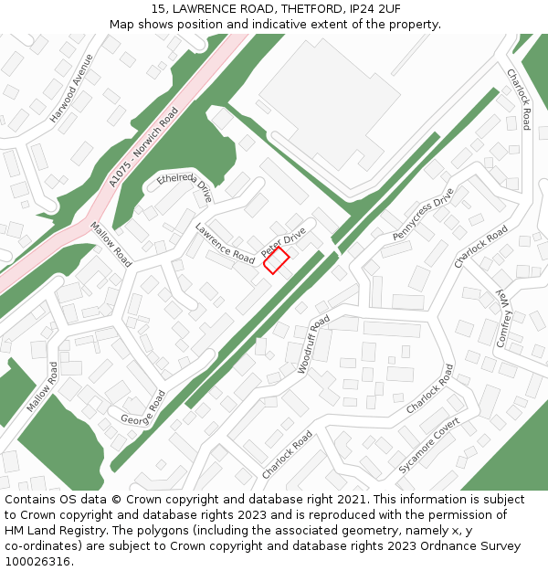 15, LAWRENCE ROAD, THETFORD, IP24 2UF: Location map and indicative extent of plot