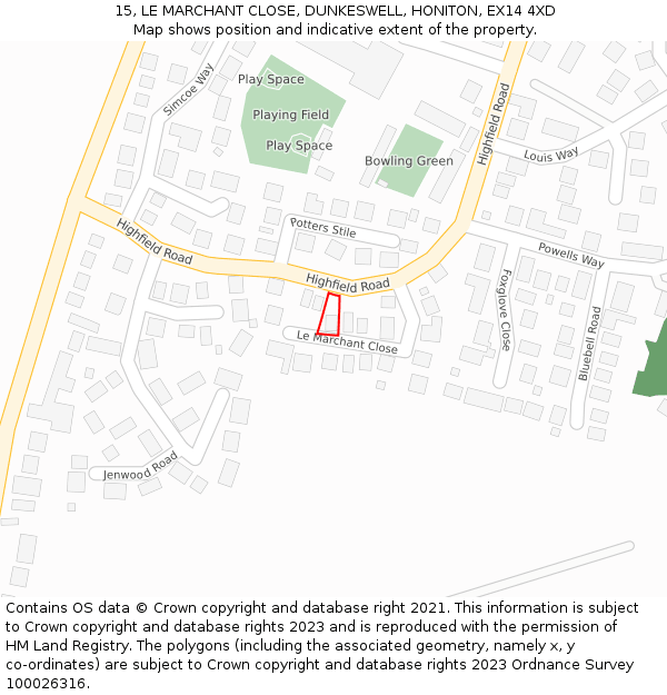 15, LE MARCHANT CLOSE, DUNKESWELL, HONITON, EX14 4XD: Location map and indicative extent of plot