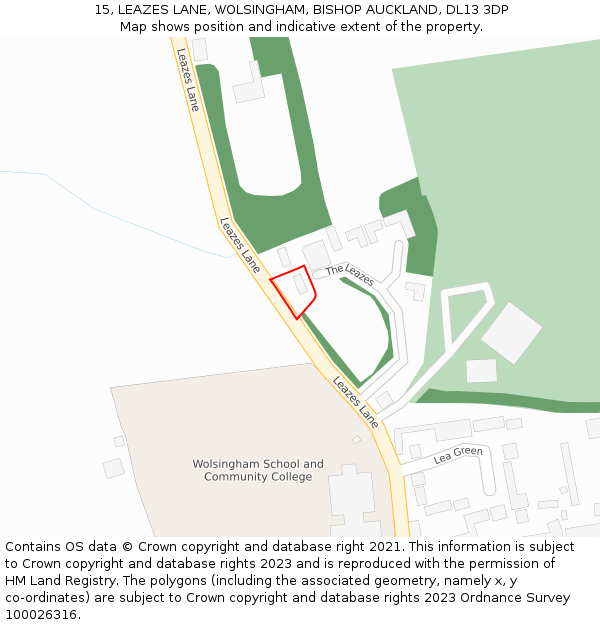 15, LEAZES LANE, WOLSINGHAM, BISHOP AUCKLAND, DL13 3DP: Location map and indicative extent of plot