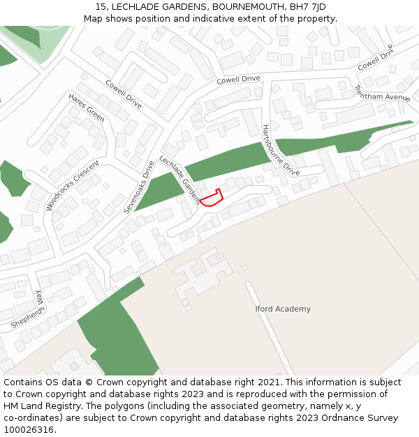 15, LECHLADE GARDENS, BOURNEMOUTH, BH7 7JD: Location map and indicative extent of plot