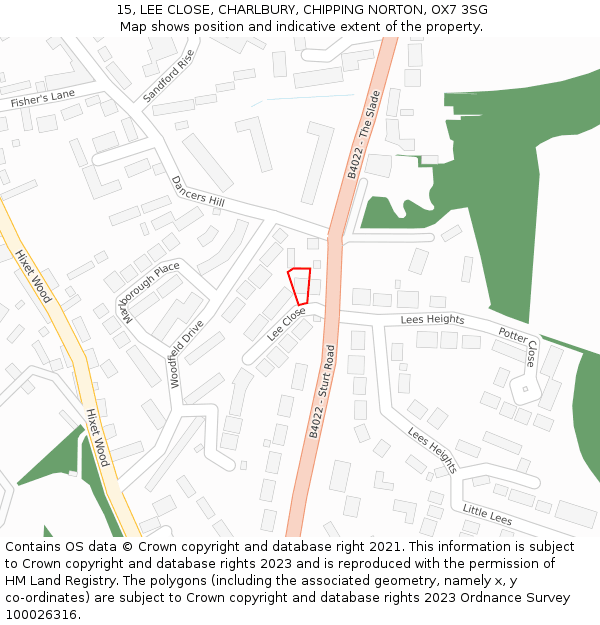 15, LEE CLOSE, CHARLBURY, CHIPPING NORTON, OX7 3SG: Location map and indicative extent of plot