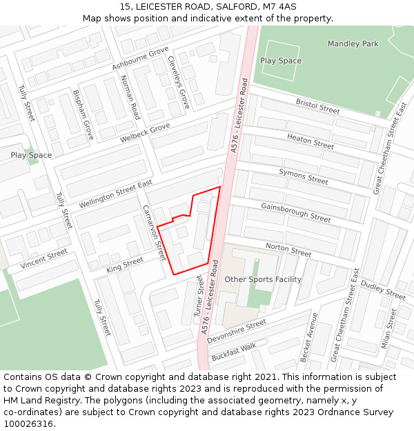 15, LEICESTER ROAD, SALFORD, M7 4AS: Location map and indicative extent of plot