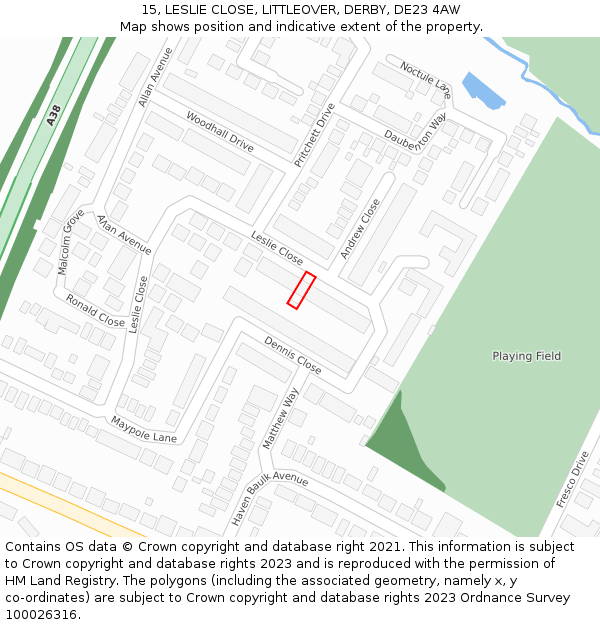 15, LESLIE CLOSE, LITTLEOVER, DERBY, DE23 4AW: Location map and indicative extent of plot