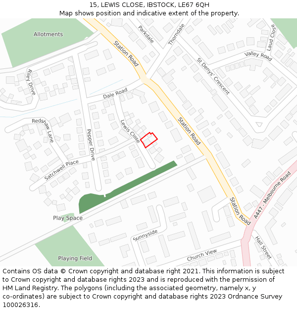 15, LEWIS CLOSE, IBSTOCK, LE67 6QH: Location map and indicative extent of plot