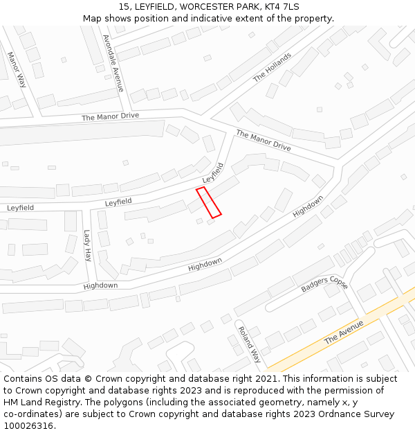 15, LEYFIELD, WORCESTER PARK, KT4 7LS: Location map and indicative extent of plot