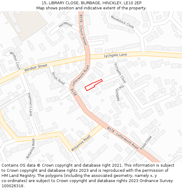 15, LIBRARY CLOSE, BURBAGE, HINCKLEY, LE10 2EP: Location map and indicative extent of plot