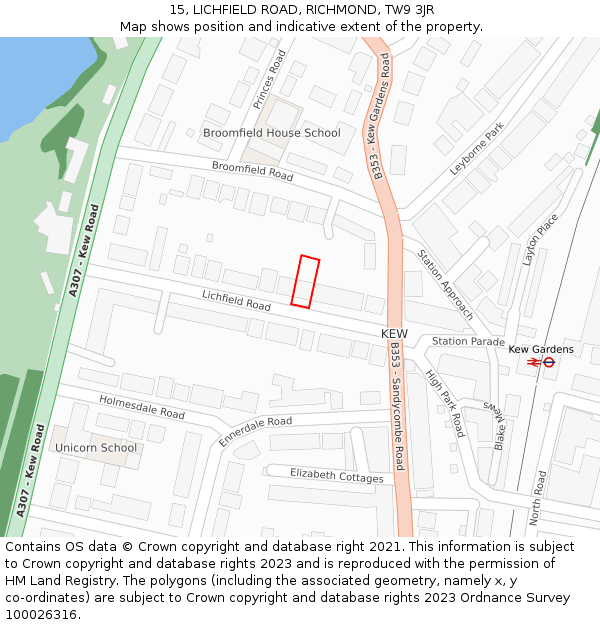 15, LICHFIELD ROAD, RICHMOND, TW9 3JR: Location map and indicative extent of plot