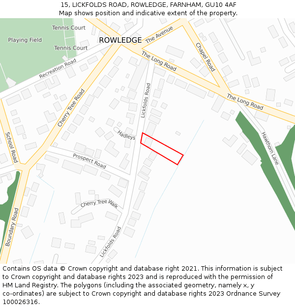 15, LICKFOLDS ROAD, ROWLEDGE, FARNHAM, GU10 4AF: Location map and indicative extent of plot