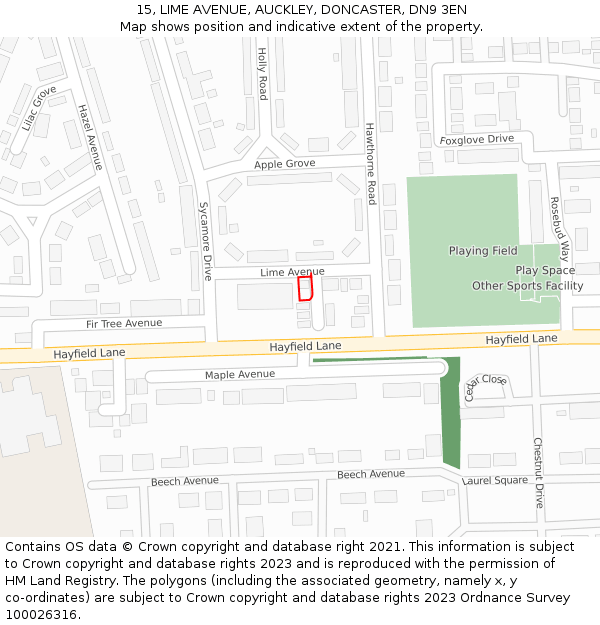 15, LIME AVENUE, AUCKLEY, DONCASTER, DN9 3EN: Location map and indicative extent of plot