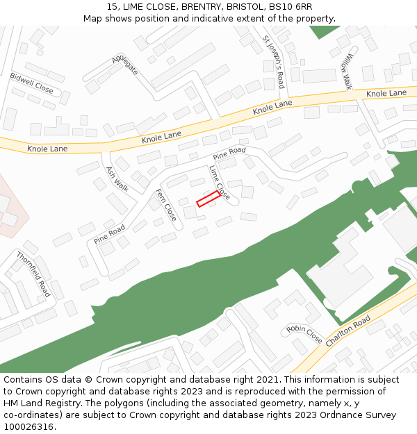 15, LIME CLOSE, BRENTRY, BRISTOL, BS10 6RR: Location map and indicative extent of plot