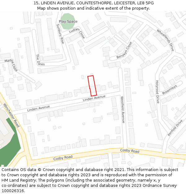 15, LINDEN AVENUE, COUNTESTHORPE, LEICESTER, LE8 5PG: Location map and indicative extent of plot