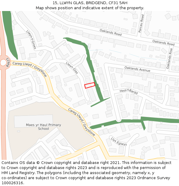 15, LLWYN GLAS, BRIDGEND, CF31 5AH: Location map and indicative extent of plot