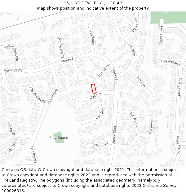 15, LLYS DEWI, RHYL, LL18 4JX: Location map and indicative extent of plot