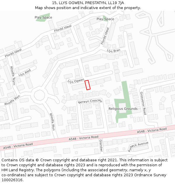 15, LLYS OGWEN, PRESTATYN, LL19 7JA: Location map and indicative extent of plot