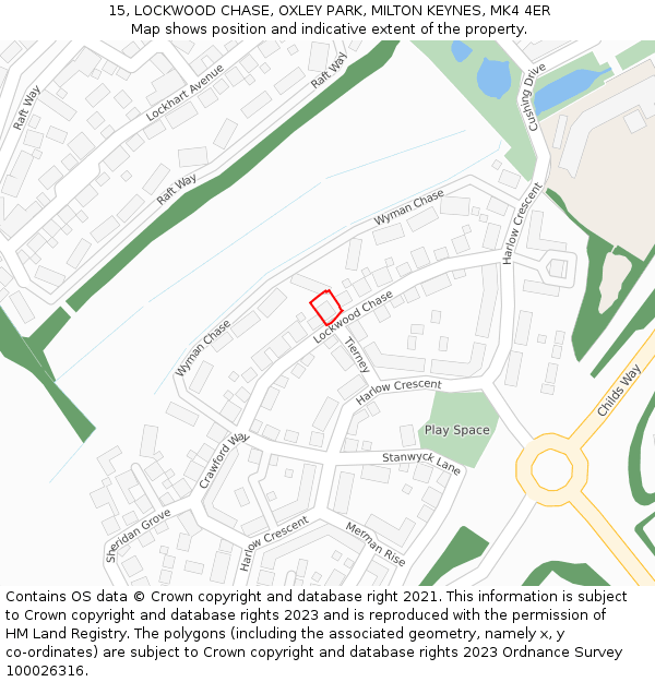 15, LOCKWOOD CHASE, OXLEY PARK, MILTON KEYNES, MK4 4ER: Location map and indicative extent of plot