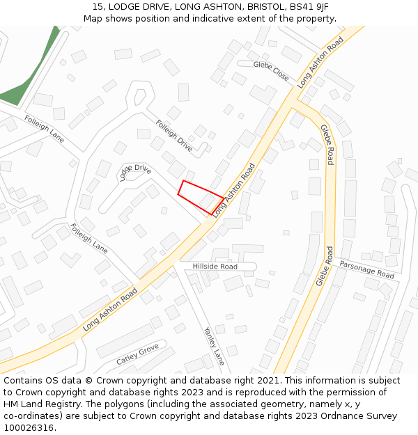 15, LODGE DRIVE, LONG ASHTON, BRISTOL, BS41 9JF: Location map and indicative extent of plot