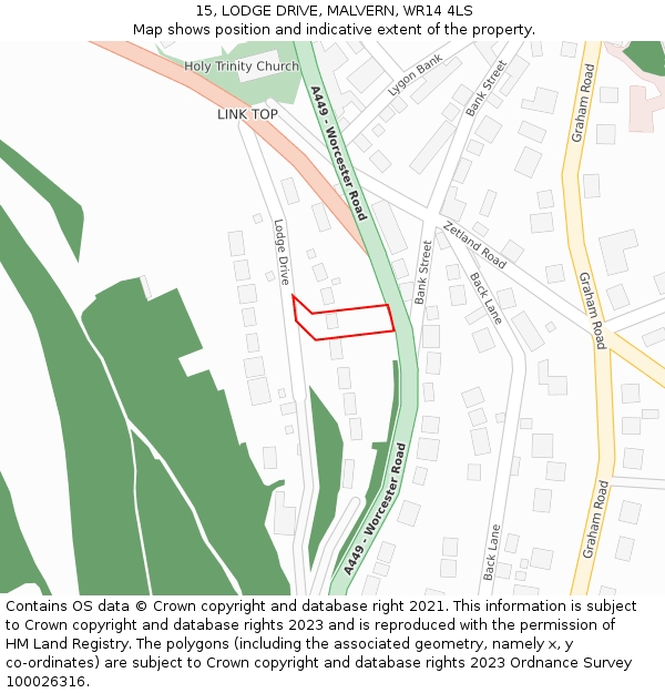 15, LODGE DRIVE, MALVERN, WR14 4LS: Location map and indicative extent of plot