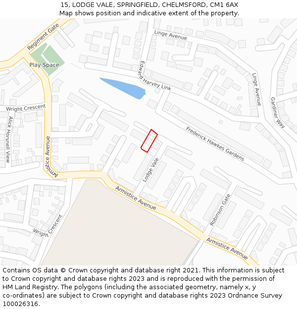 15, LODGE VALE, SPRINGFIELD, CHELMSFORD, CM1 6AX: Location map and indicative extent of plot