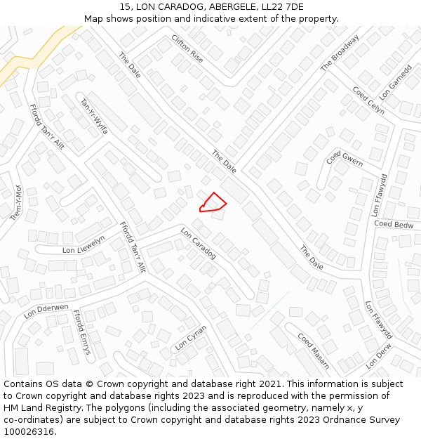 15, LON CARADOG, ABERGELE, LL22 7DE: Location map and indicative extent of plot