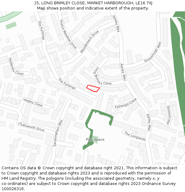 15, LONG BRIMLEY CLOSE, MARKET HARBOROUGH, LE16 7XJ: Location map and indicative extent of plot