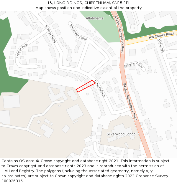 15, LONG RIDINGS, CHIPPENHAM, SN15 1PL: Location map and indicative extent of plot