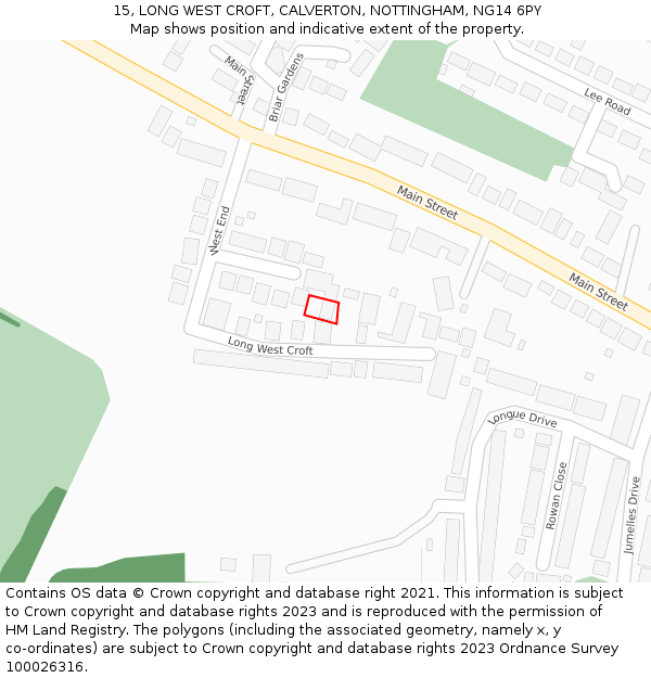 15, LONG WEST CROFT, CALVERTON, NOTTINGHAM, NG14 6PY: Location map and indicative extent of plot